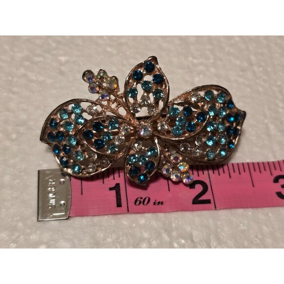 Gold-Tone Rhinestone Butterfly Hair Clip Barrette With Blue & Clear Crystals - Picture 3 of 3